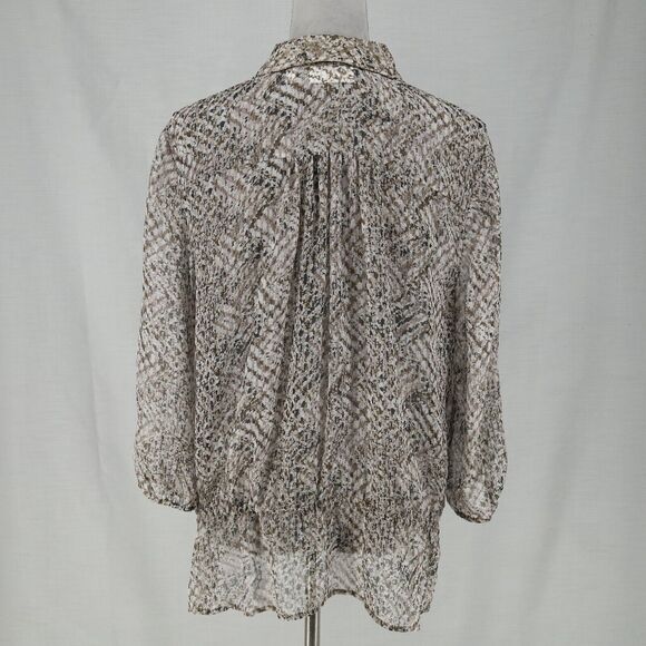 Chicos Top 2 Womens Large 12 Ivory Brown Chiffon Blouse Sheer Pleated Back - Picture 16 of 16